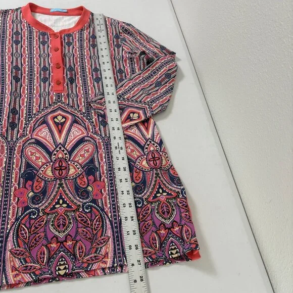 J McLaughlin Tunic Top Size S Coral Navy Paisley 3/4 Sleeve Catalina Cloth - Picture 11 of 12